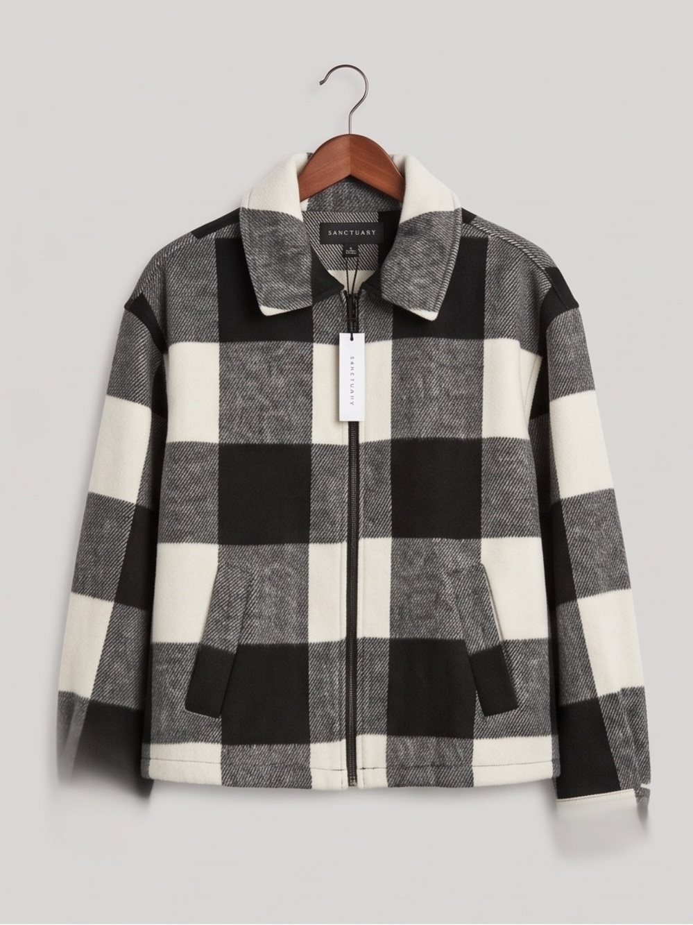 Sanctuary Black and White Buffalo Plaid Zip-Up Jacket